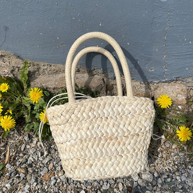 Round Bucket Straw Bag Woven Basket Rattan Handbag