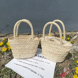 Round Bucket Straw Bag Woven Basket Rattan Handbag