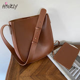 PU Leather Bucket Bag Shoulder Crossbody Purse Handbags Wide Strap