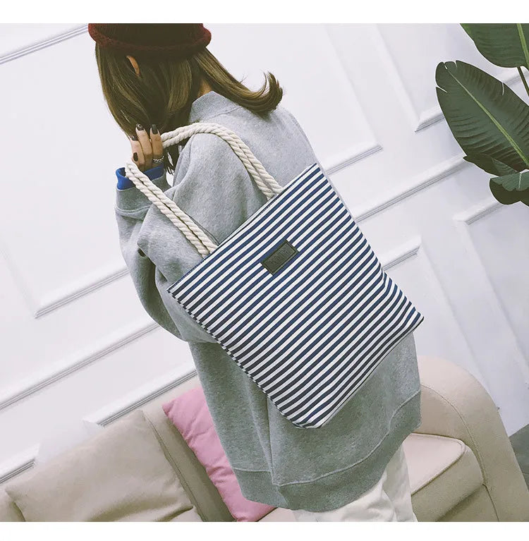 Casual Canvas Tote Bag Girl Student Stripe Handbag For Women Shoulder Bag