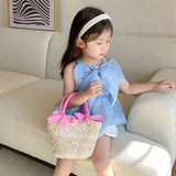 Woven Bow Knot Girls' Straw Bag for Summer Beach