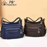Soft Leather Women Shoulder Bag Multi-Layer Pocket Solid Zipper Satchel