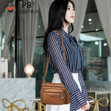 Soft Leather Women Shoulder Bag Multi-Layer Pocket Solid Zipper Satchel