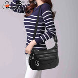 Soft Leather Women Shoulder Bag Multi-Layer Pocket Solid Zipper Satchel