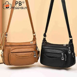 Soft Leather Women Shoulder Bag Multi-Layer Pocket Solid Zipper Satchel