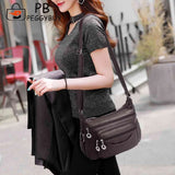Soft Leather Women Shoulder Bag Multi-Layer Pocket Solid Zipper Satchel