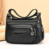 Soft Leather Women Shoulder Bag Multi-Layer Pocket Solid Zipper Satchel