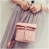 Women Leather Messenger Bag Drawstring Tassels Shoulder Bag
