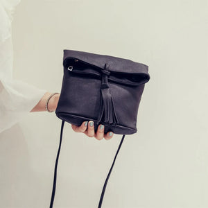 Women Leather Messenger Bag Drawstring Tassels Shoulder Bag