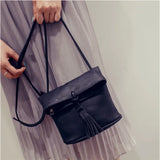 Women Leather Messenger Bag Drawstring Tassels Shoulder Bag