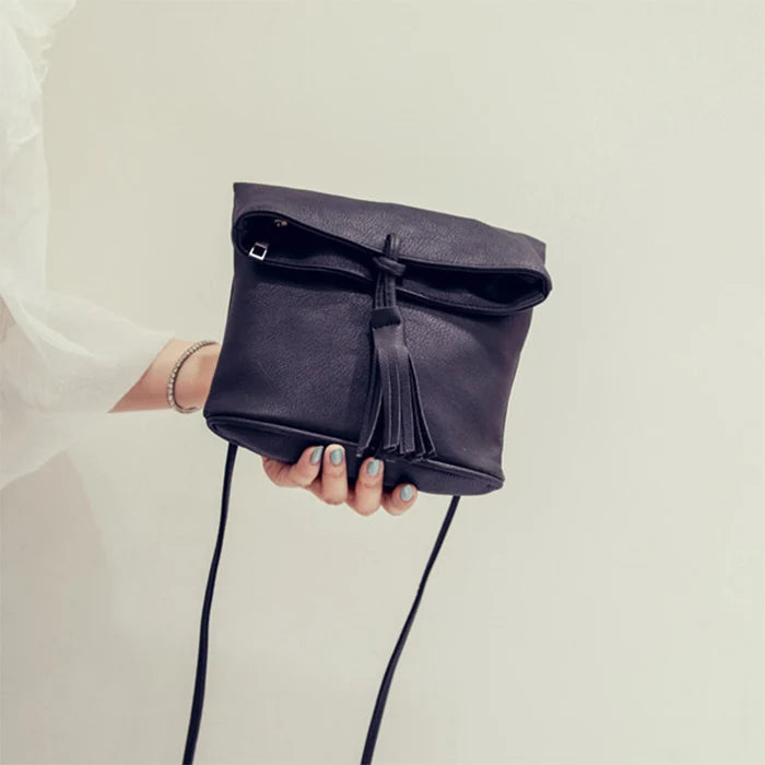 Women Leather Messenger Bag Drawstring Tassels Shoulder Bag