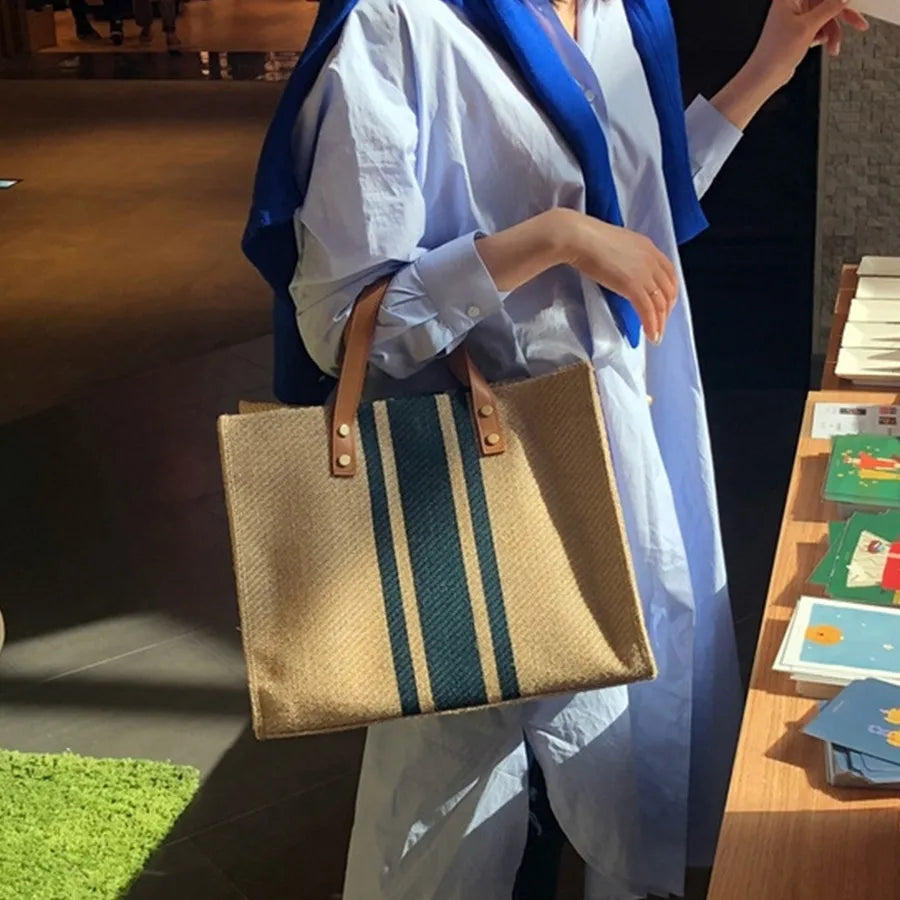 Vintage Striped Tote Bag Female Portable Ol Business Briefcase Style