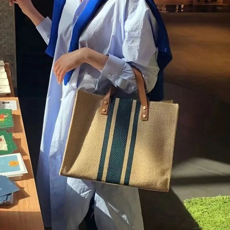 Vintage Striped Tote Large Capacity Handbag for Women