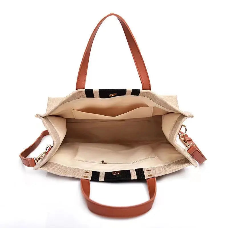 Vintage Striped Tote Large Capacity Handbag for Women
