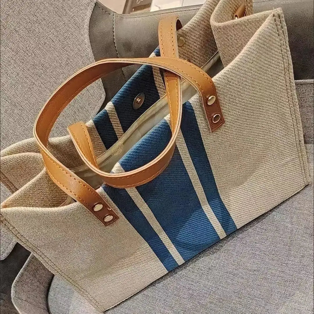 Vintage Striped Tote Large Capacity Handbag for Women