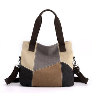 Women's Contrast Canvas Bag Large Capacity Retro Stitching Handbag