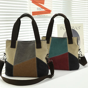 Women's Large Capacity Canvas Shoulder Handbag Retro Patchwork College