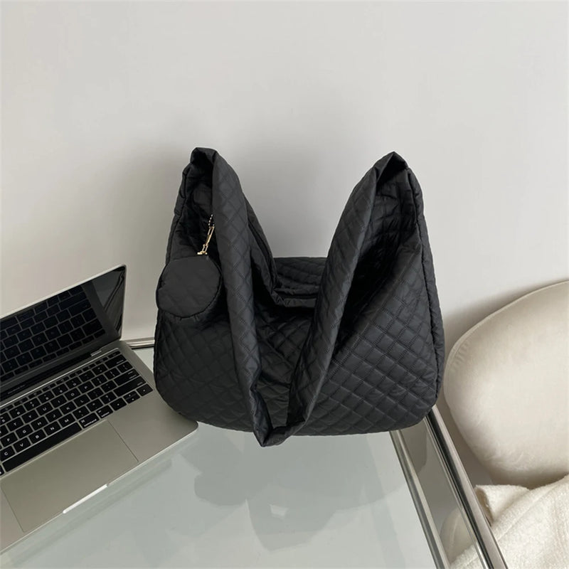 Nylon Quilted Messenger Bag Rhombic Large Capacity with Small Purse for Ladies