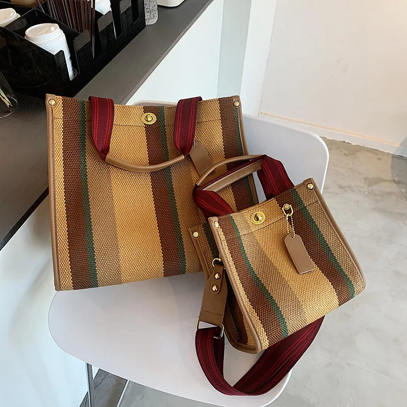 Vintage Striped Tote Bag for Women Large Capacity