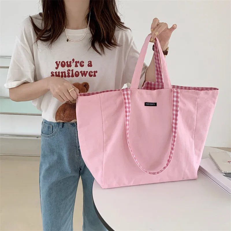 Lattice Double-Sided Shoulder Bag High-Capacity Student Book Shopping Handbag