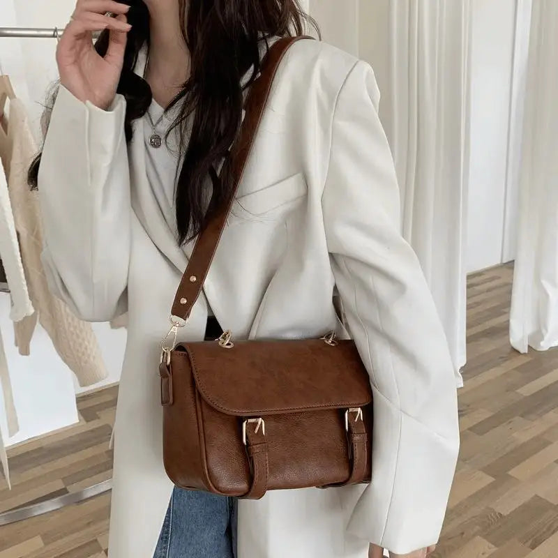 PU Leather Women Shoulder Handbags Solid Square Flap Totes Casual Ladies Bags