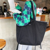 Plaid Double-sided Women Shoulder Bag Casual Canvas Ladies Shopping Handbags