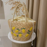 Women's Straw Bucket Shoulder Bag for Summer Photography