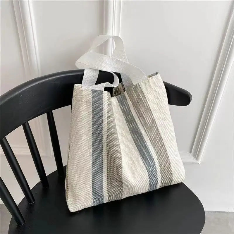 Striped Canvas Shoulder Bag for Women Casual Literature and Art