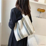 Striped Canvas Shoulder Bag for Women Casual Literature and Art