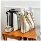 Striped Canvas Shoulder Bag for Women Casual Literature and Art