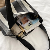 Striped Canvas Shoulder Bag for Women Casual, Large-capacity Handbag