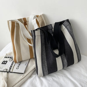 Canvas Striped Handbag Small Fresh Shoulder Bag Women Casual Large-capacity