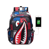 Boys Shark Print USB Charging Backpack Lightweight School Bag