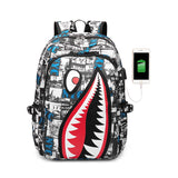 Boys Shark Print USB Charging Backpack Lightweight School Bag
