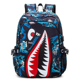 Boys Shark Print USB Charging Backpack Lightweight School Bag
