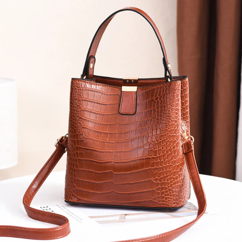 PU Leather Bucket Bag Women Travel Shoulder Handbag