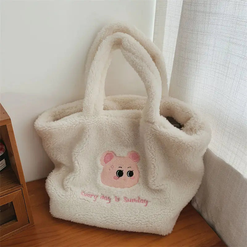 Plush Women's Shoulder Bag Bear Pattern Tote Large Capacity Faux Fur Purse