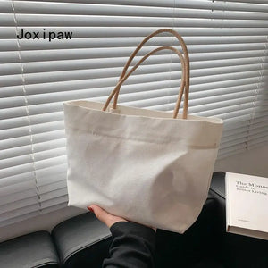 Solid Canvas Tote Bag Vintage Large Capacity Handbag Summer Female Shoulder Bags