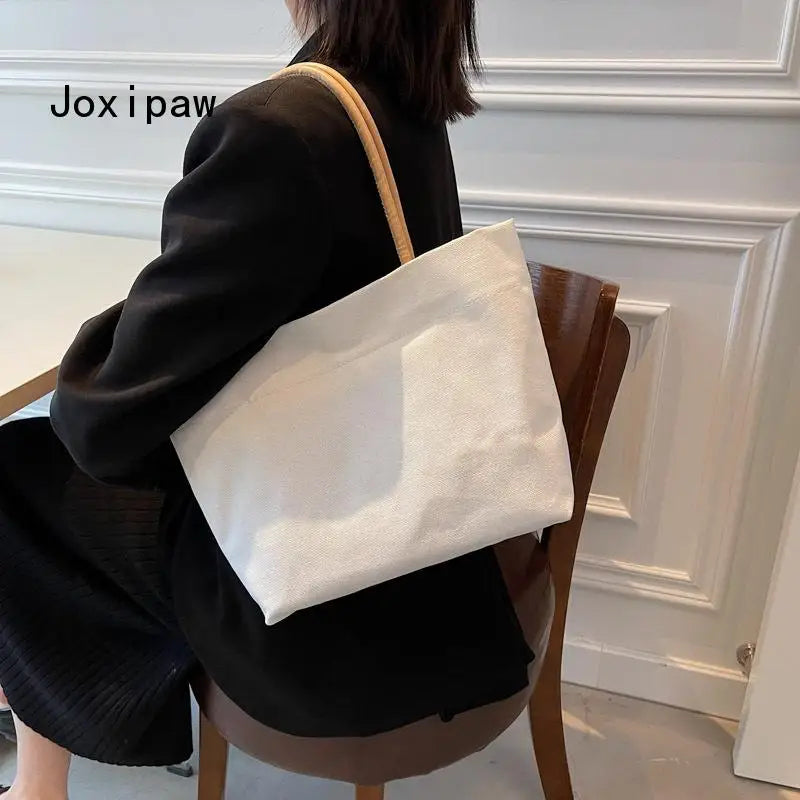 Solid Canvas Tote Bag Vintage Large Capacity Handbag Summer Female Shoulder Bags