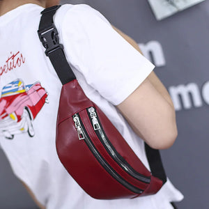Solid Chest Bag Female Double-zipper Crossbody Bag PU Leather Fanny Pack