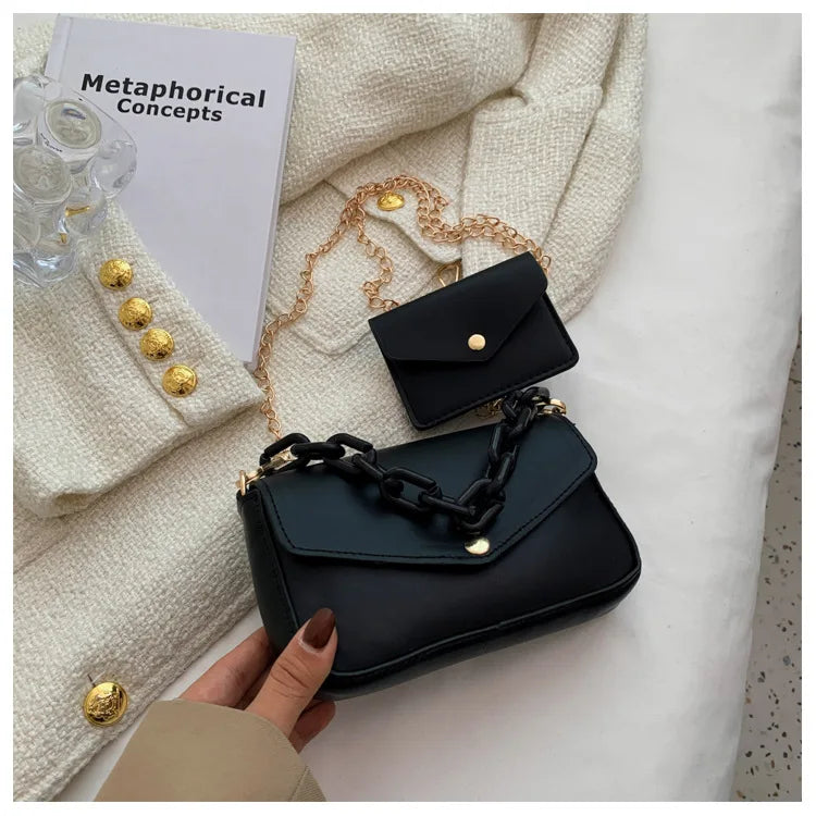 Solid Pu Ladies Chain Small Square Bag Two-In-One Plaid Student