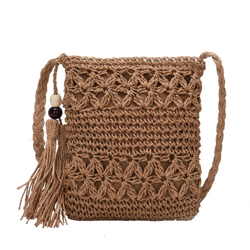 Tassel Shoulder Crossbody Handbags Woven Summer Beach Hollowed Messenger Bags