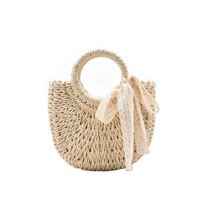 Solid Portable Straw Woven Bag Women Lace Bow Hand-Woven Diagonal Bag