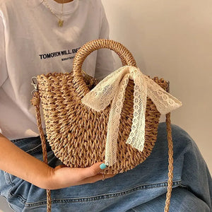 Solid Portable Straw Woven Bag Women Lace Bow Hand-Woven Diagonal Bag
