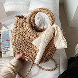 Solid Portable Straw Woven Bag Women Lace Bow Hand-Woven Diagonal Bag
