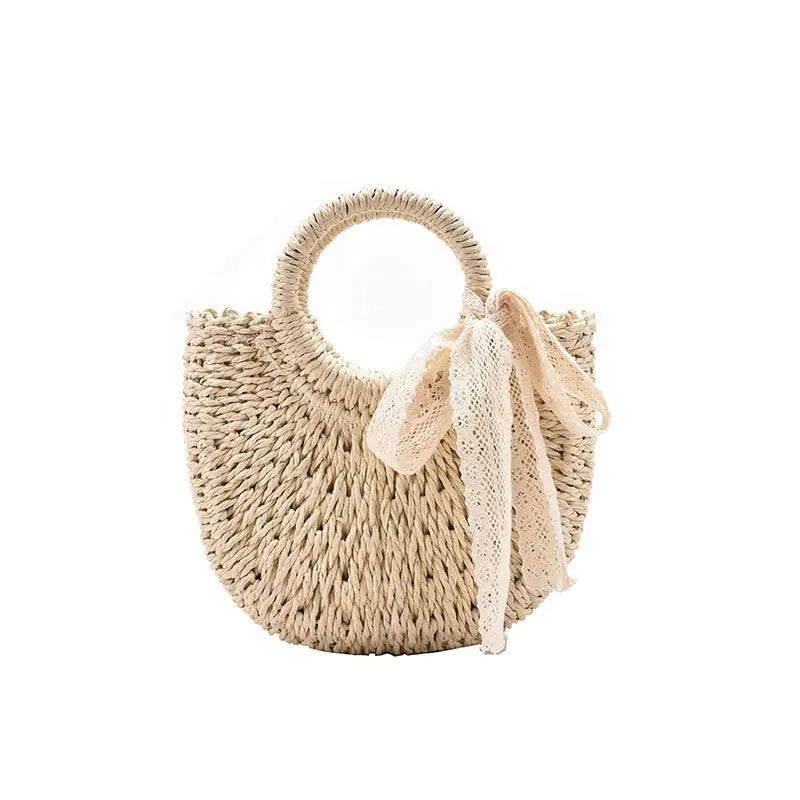 Solid Portable Straw Woven Bag Women Lace Bow Hand-Woven Diagonal Bag
