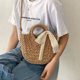 Solid Portable Straw Woven Bag Women Lace Bow Hand-Woven Diagonal Bag