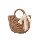 Solid Portable Straw Woven Bag Women Lace Bow Hand-Woven Diagonal Bag