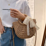 Solid Portable Straw Woven Bag Women Lace Bow Hand-Woven Diagonal Bag
