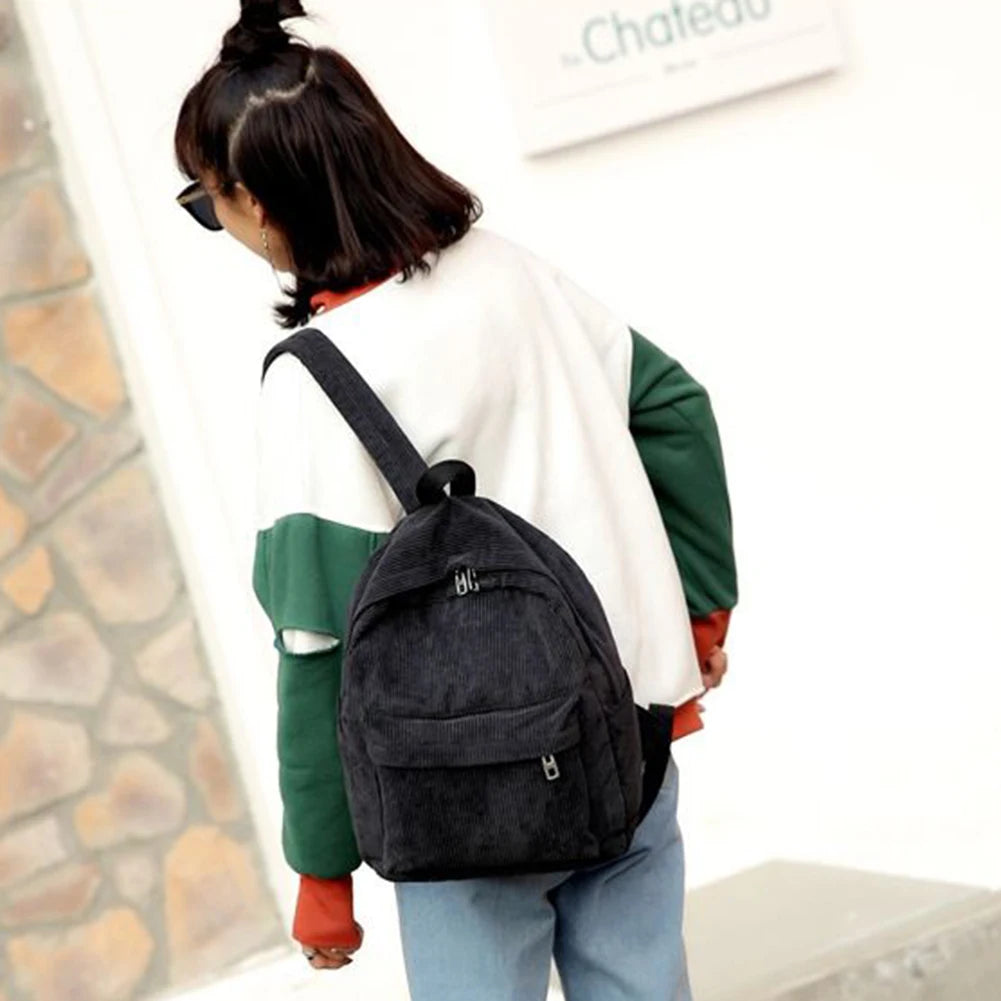 Corduroy School Backpacks Ladies Large Capacity Travel Rucksack Women